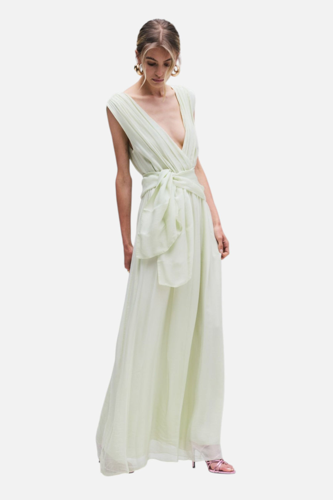 Abito lungo in chiffon con nodo in vita