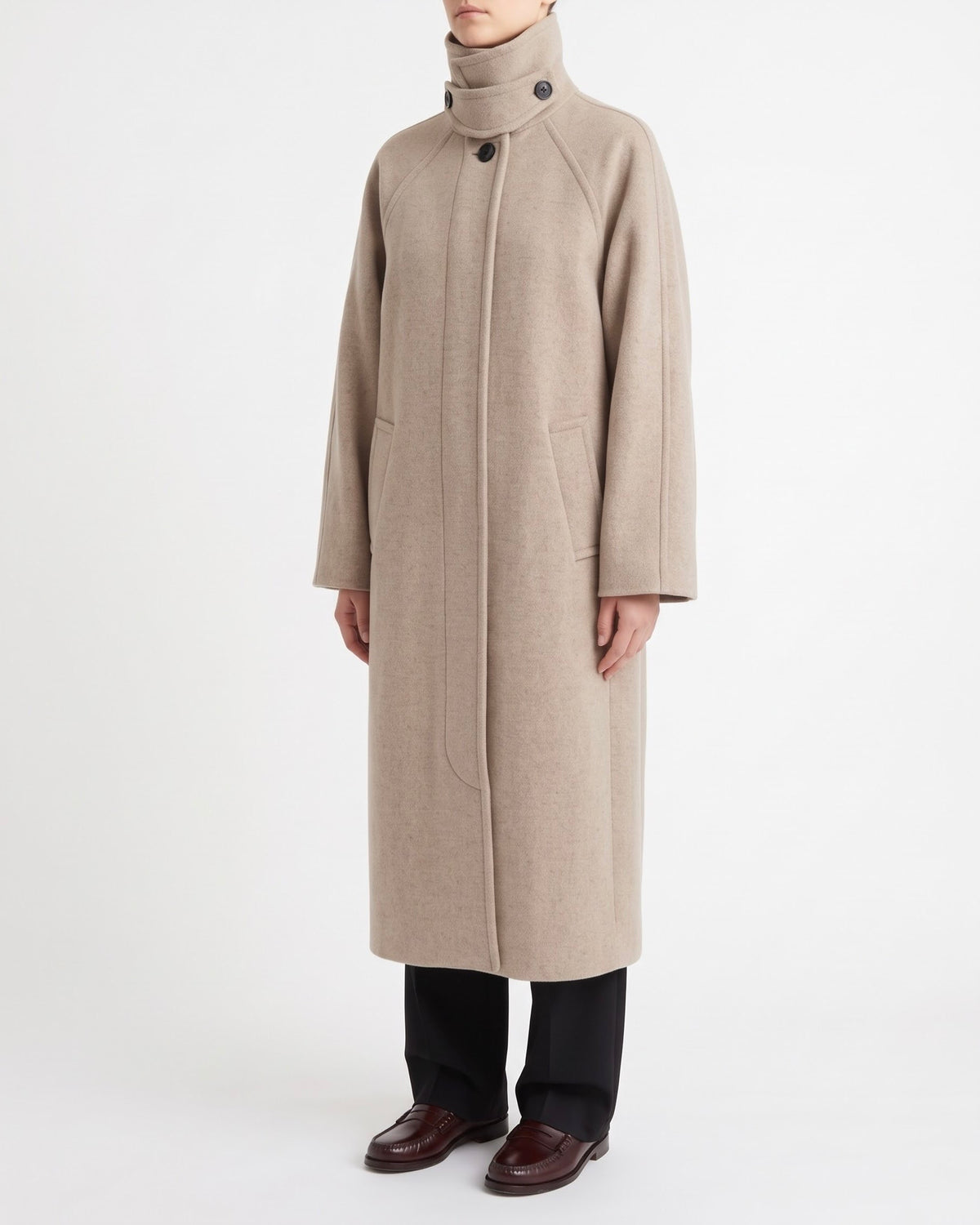 Cappotto Lungo Selected Femme Beige in Misto Lana Riciclata con Collo Alto