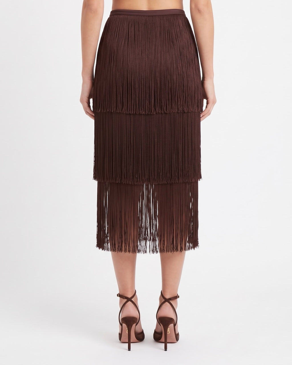 Gonna Midi Isabelle Blanche con Frange Marrone Java