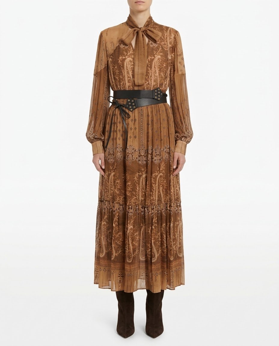 Abito Lungo H2O Italia in Viscosa e Lana con Stampa Paisley Beige