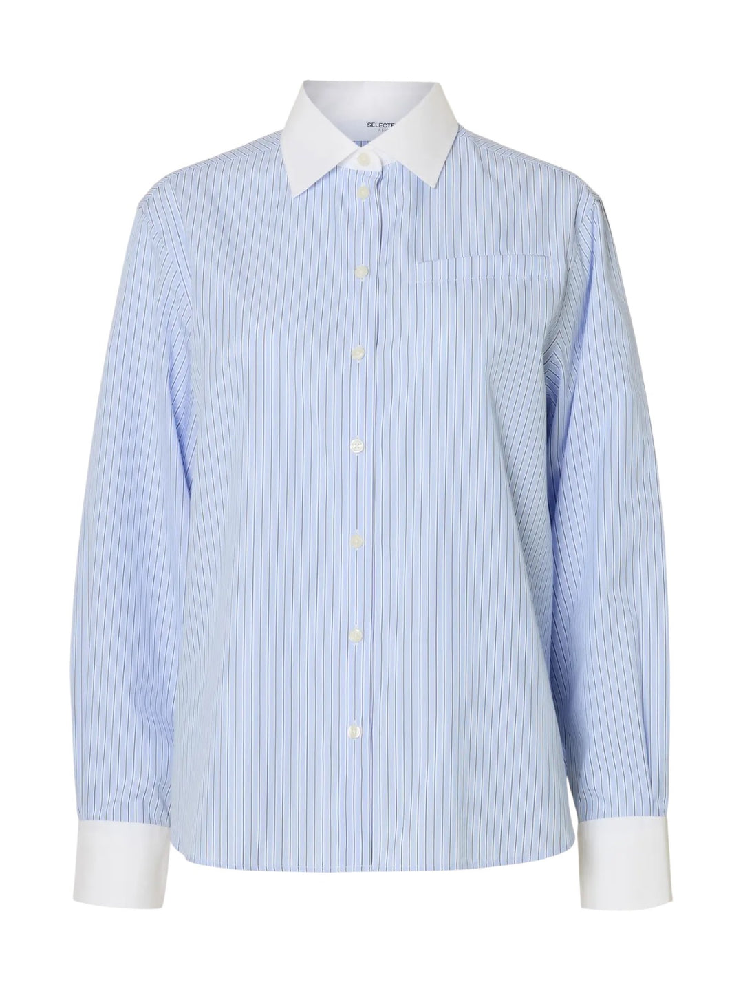 Camicia a righe azzurre con collo e polsini bianchi