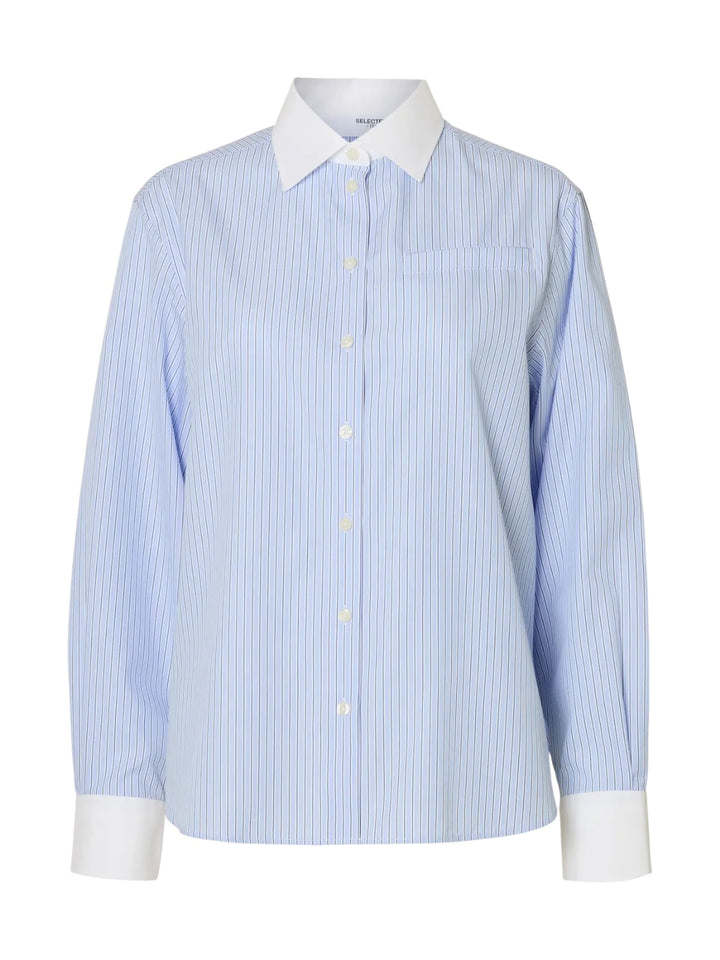 Camicia a righe azzurre con collo e polsini bianchi
