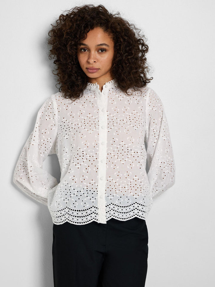 Blusa in Cotone Ricamato con Collo a Festone