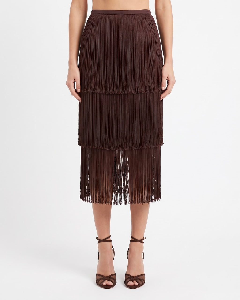 Gonna Midi Isabelle Blanche con Frange Marrone Java