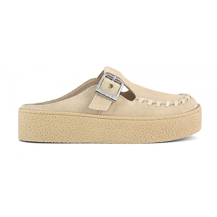Sabot platform in suede con fibbia e cuciture
