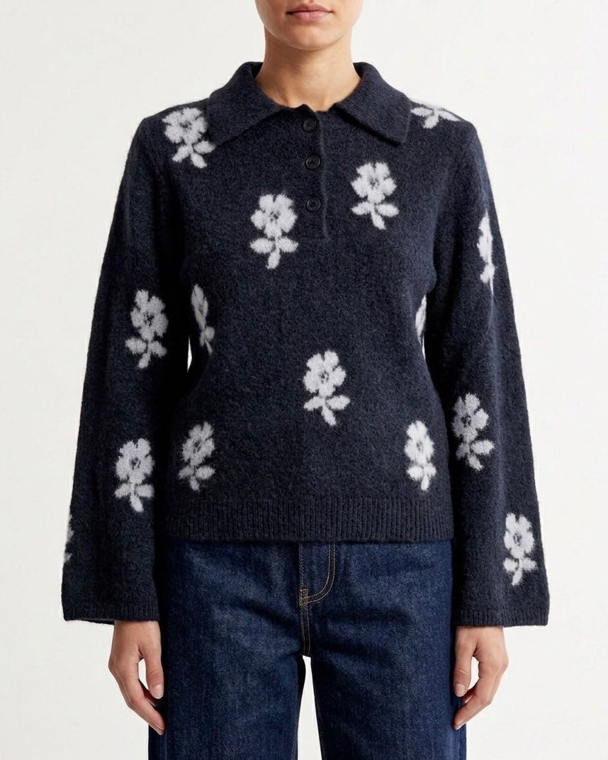 Polo in Maglia Isabelle Blanche Jacquard Floreale in Lana e Yak