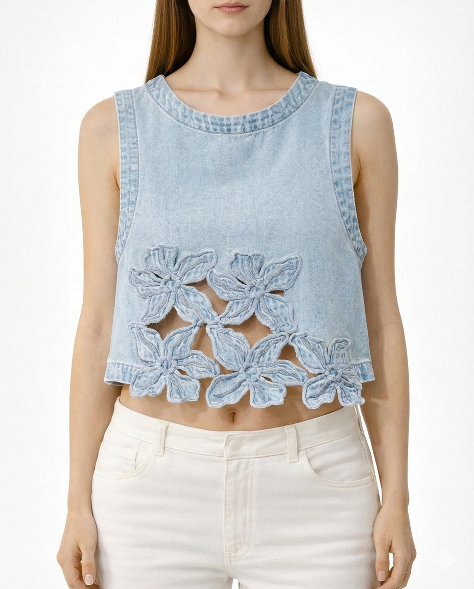 Top in denim con fiori ricamati