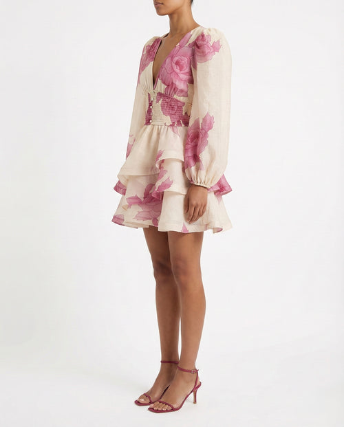 Abito corto floreale con balze