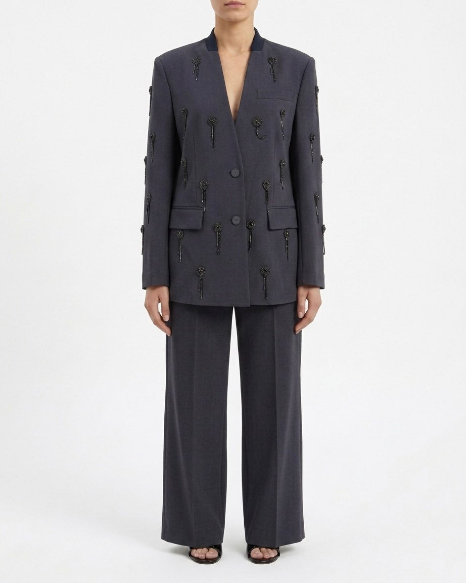 Giacca Isabelle Blanche Antracite Senza Collo con Ricami Strass