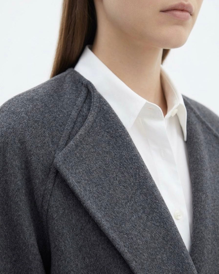 Cappotto Lungo Selected Femme Grigio Antracite in Misto Lana Riciclata con Cintura