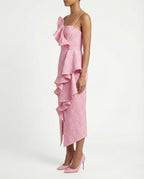 Abito midi rosa monospalla con balze