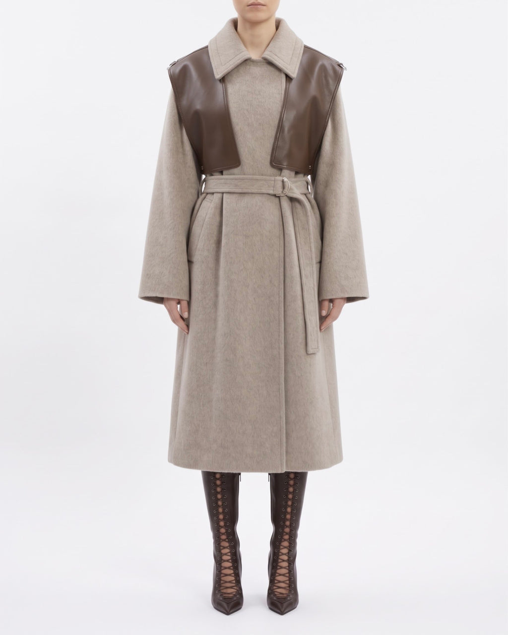 Cappotto Lungo Isabelle Blanche Tortora in Lana e Alpaca con Gilet Staccabile in Ecopelle