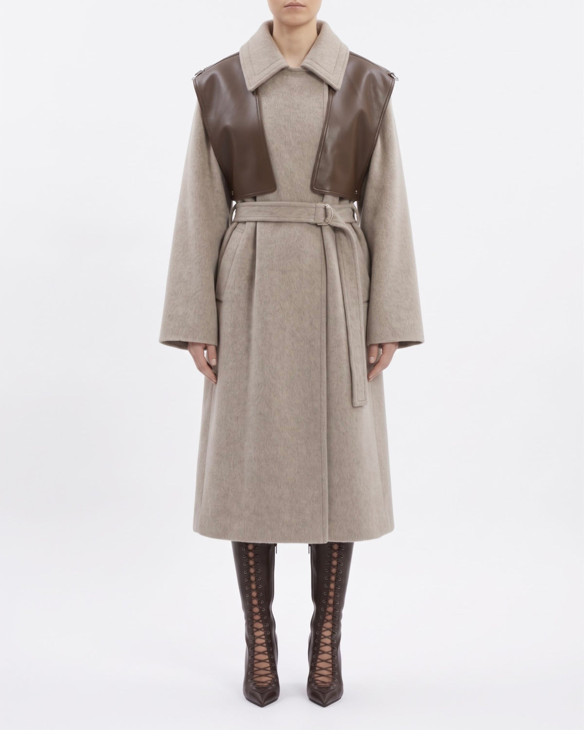 Cappotto Lungo Isabelle Blanche Tortora in Lana e Alpaca con Gilet Staccabile in Ecopelle