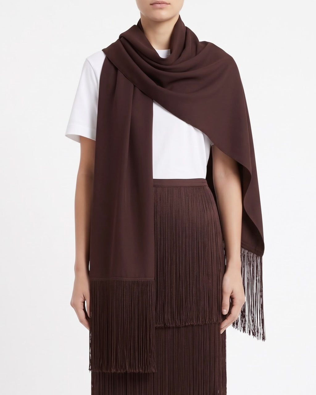 Sciarpa Isabelle Blanche in Raso Marrone Java con Frange