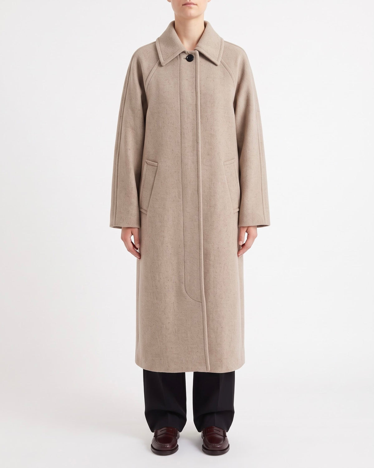 Cappotto Lungo Selected Femme Beige in Misto Lana Riciclata con Collo Alto