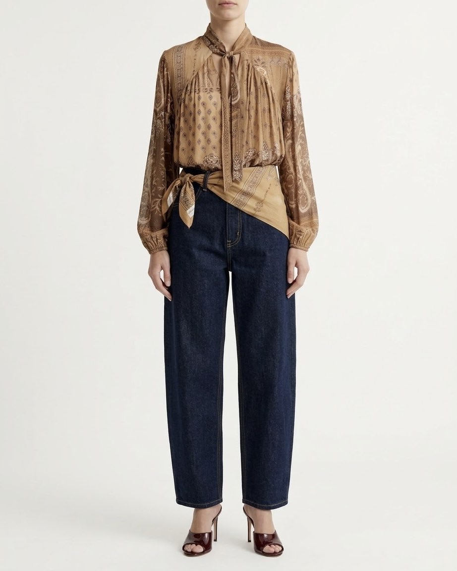 Blusa H2O Italia Stampata Beige e Marrone con Fusciacca al Collo