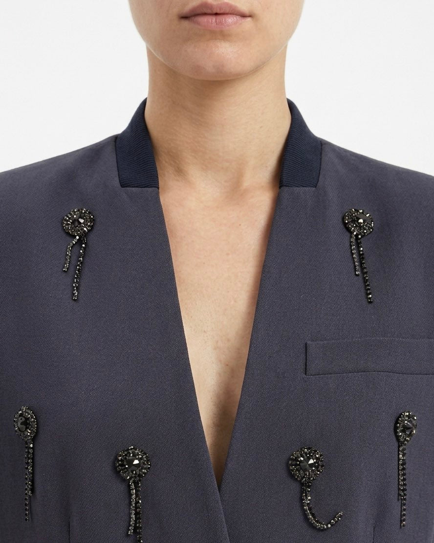 Giacca Isabelle Blanche Antracite Senza Collo con Ricami Strass