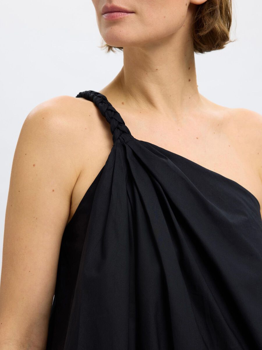 Abito monospalla nero con dettaglio drappeggiato