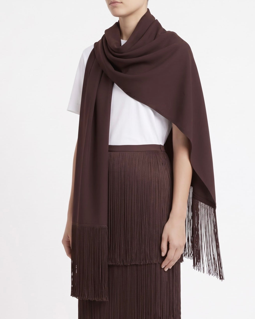 Sciarpa Isabelle Blanche in Raso Marrone Java con Frange