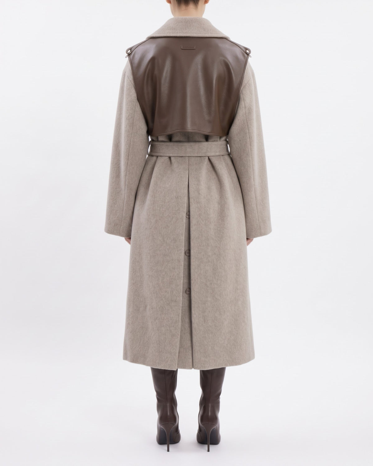 Cappotto Lungo Isabelle Blanche Tortora in Lana e Alpaca con Gilet Staccabile in Ecopelle