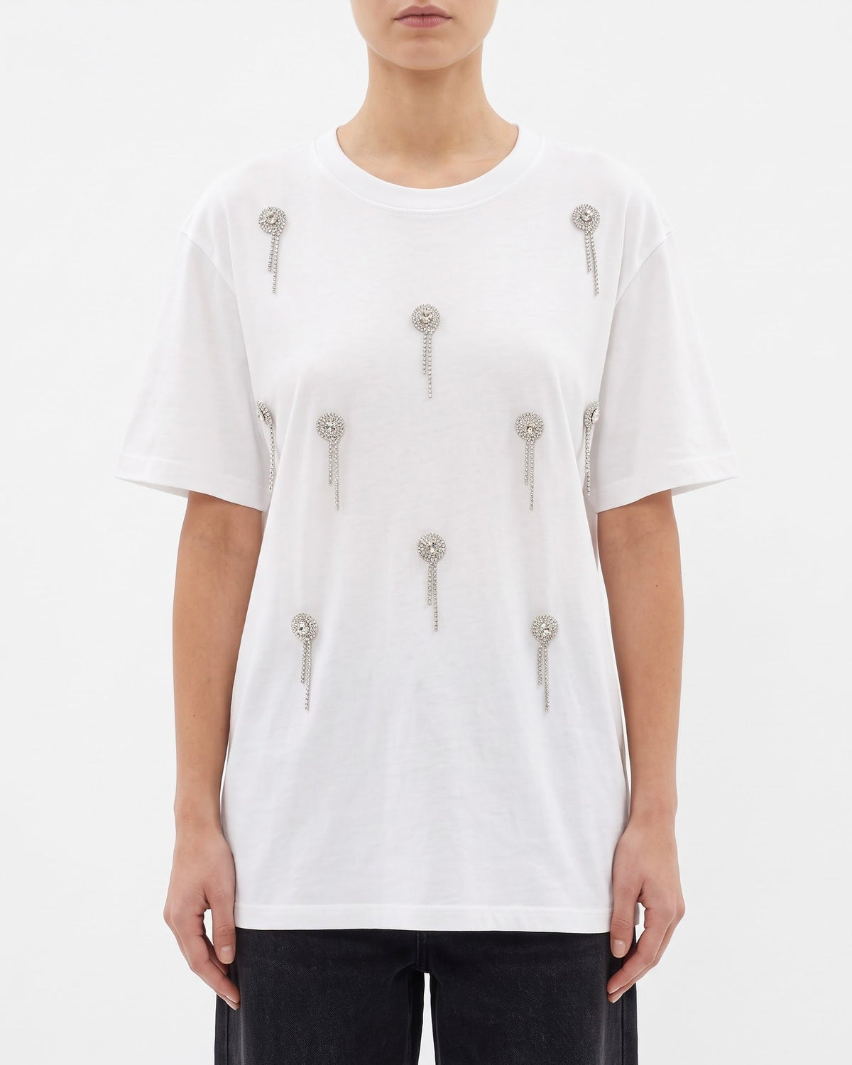 T-Shirt Isabelle Blanche a Manica Corta con Ricami Strass Ecrù e Nera