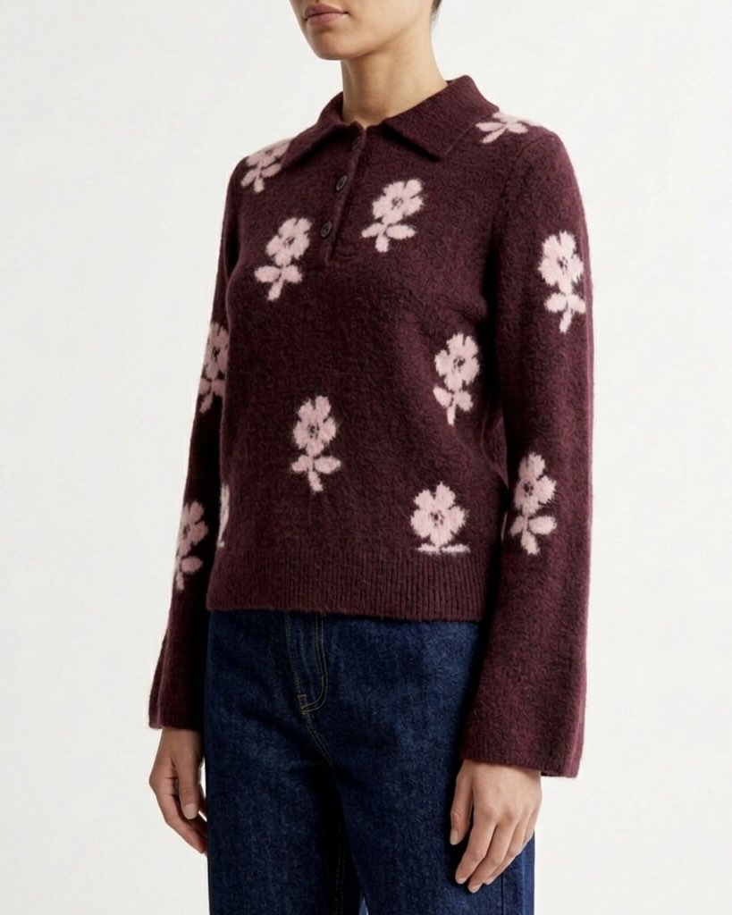 Polo in Maglia Isabelle Blanche Jacquard Floreale in Lana e Yak