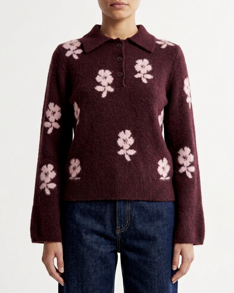 Polo in Maglia Isabelle Blanche Jacquard Floreale in Lana e Yak