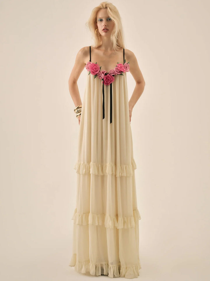 Abito Lungo Crema con Rose