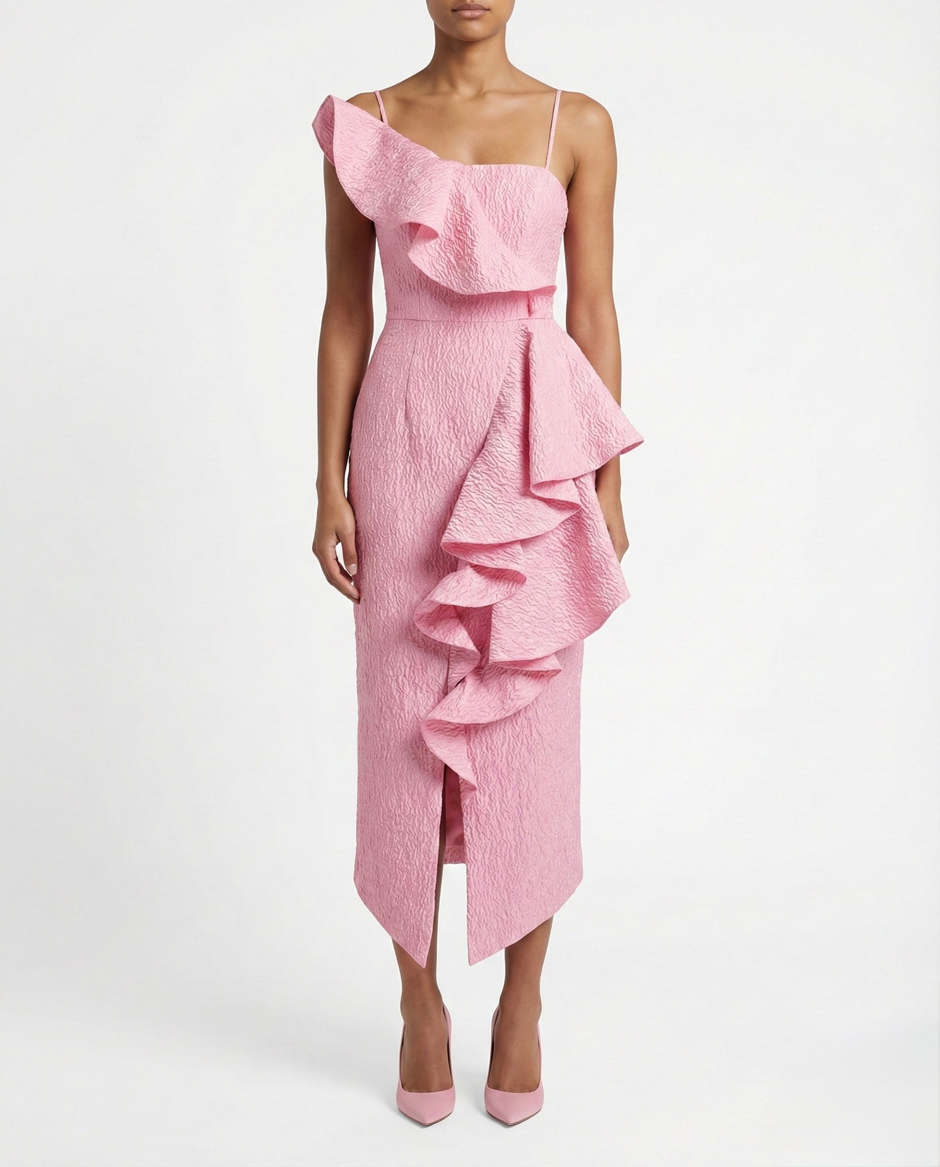 Abito midi rosa monospalla con balze