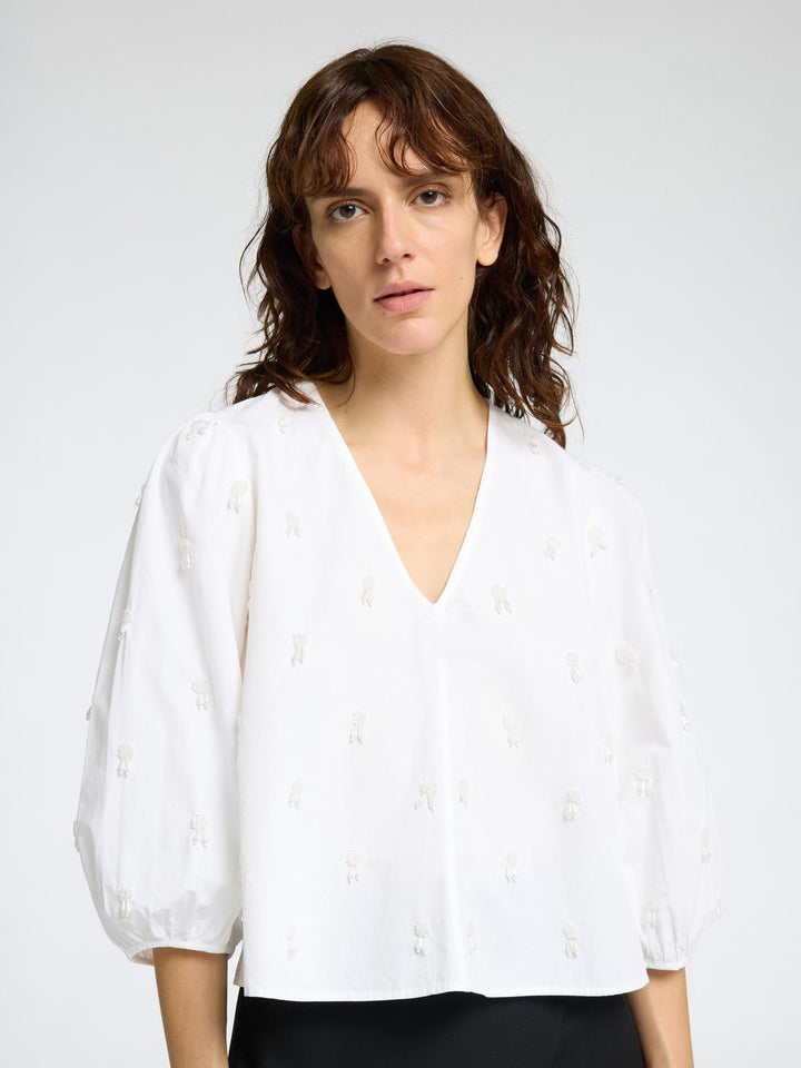 Blusa Bianca con Ricami e Maniche Voluminose