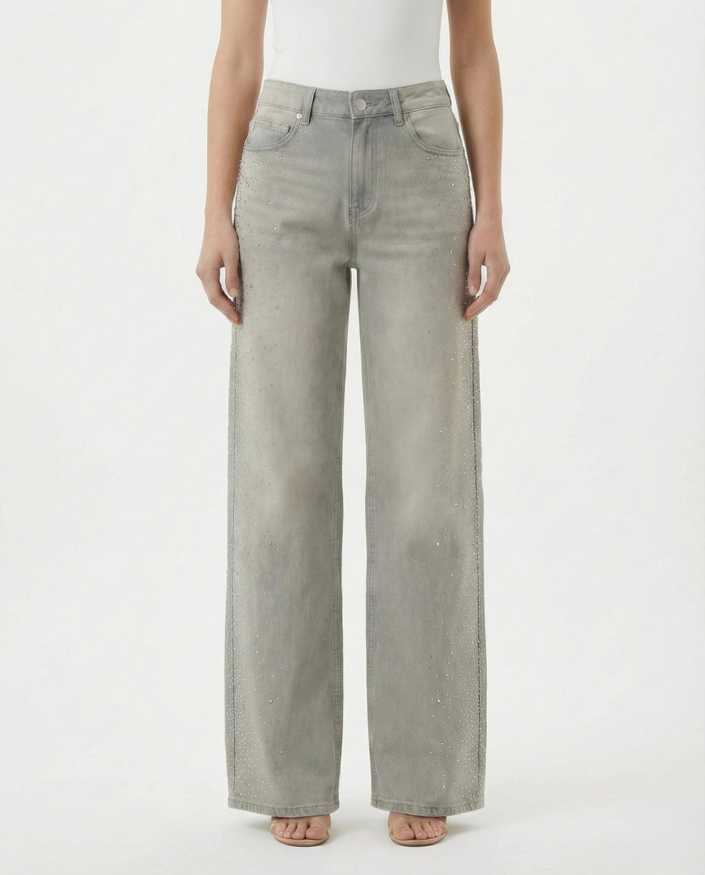 Jeans beige con strass laterali