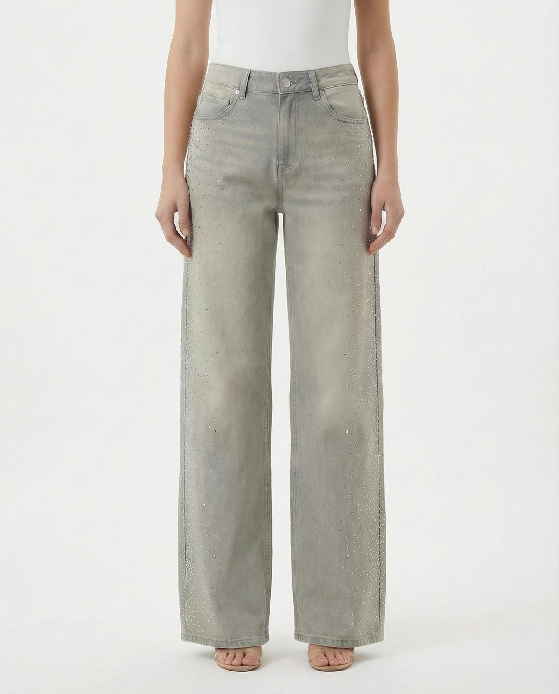 Jeans beige con strass laterali