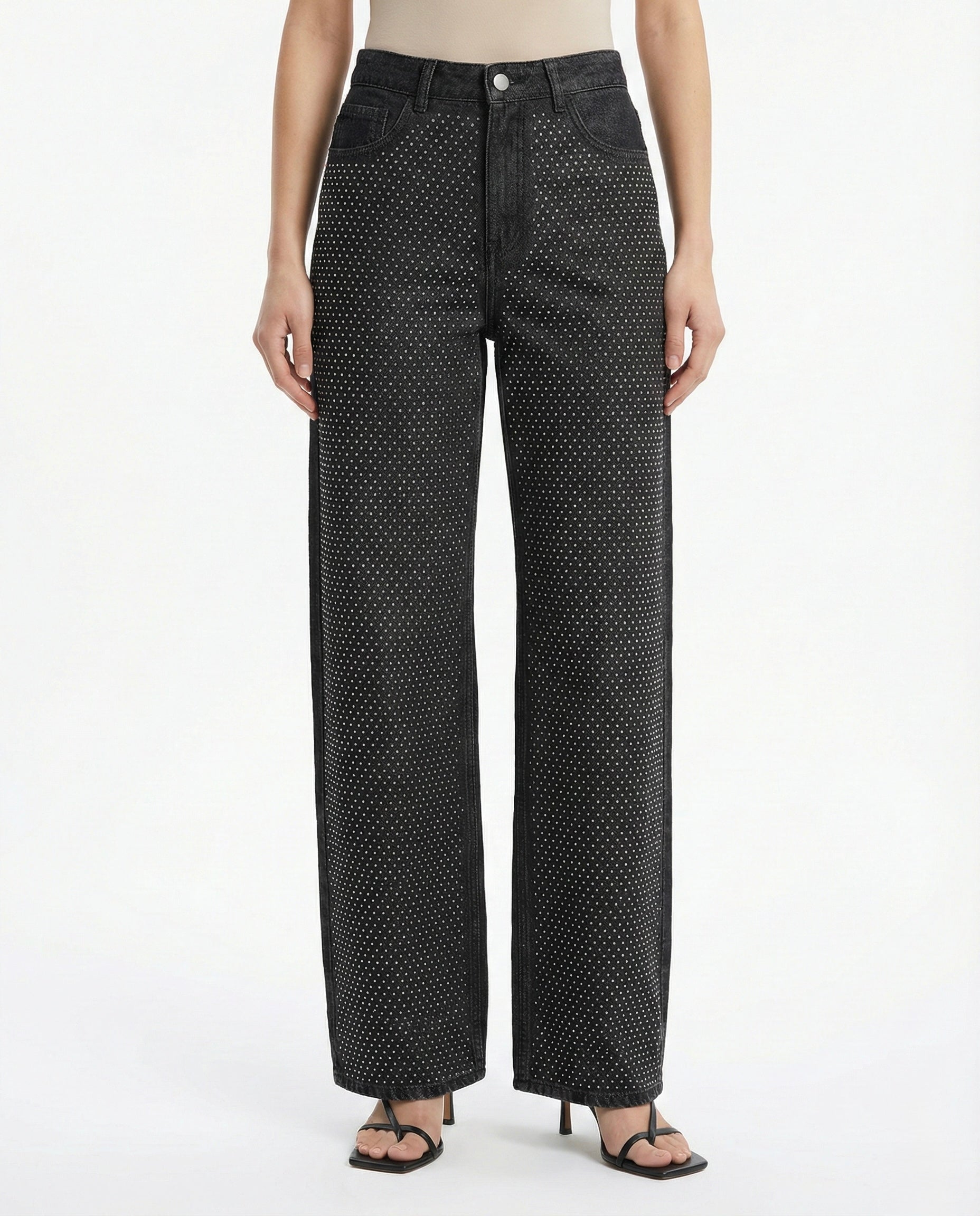 Jeans neri a gamba larga con applicazioni