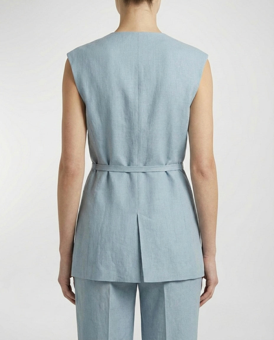 Gilet lungo in lino celeste con cintura