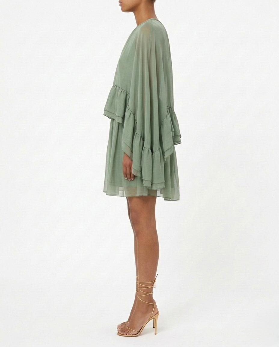 Abito in viscosa e seta con balze