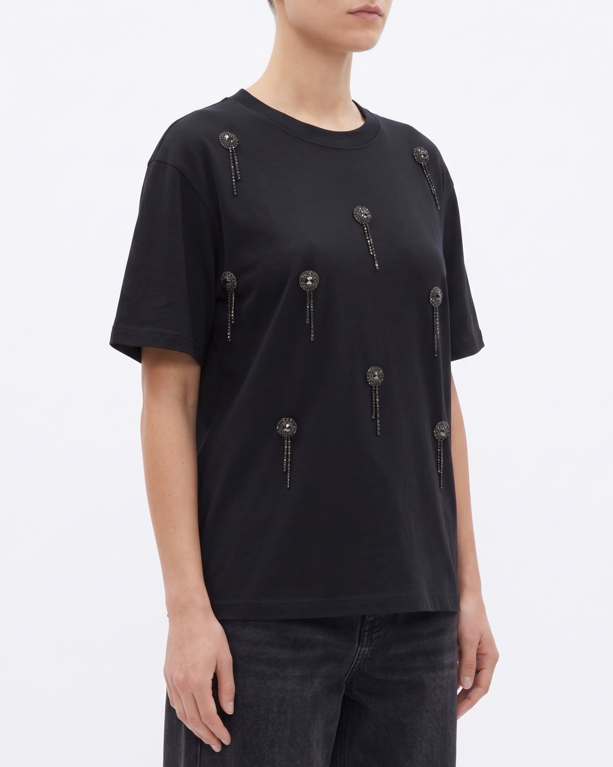 T-Shirt Isabelle Blanche a Manica Corta con Ricami Strass Ecrù e Nera