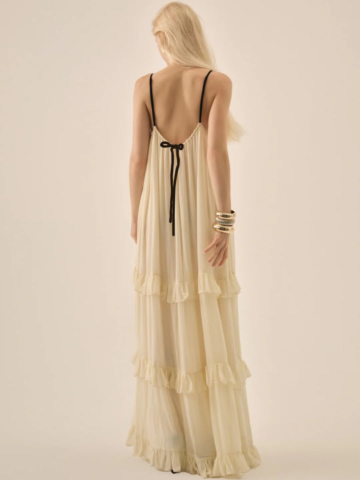 Abito Lungo Crema con Rose