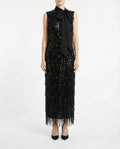Abito midi nero con frange e paillettes
