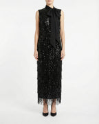 Abito midi nero con frange e paillettes