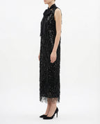 Abito midi nero con frange e paillettes