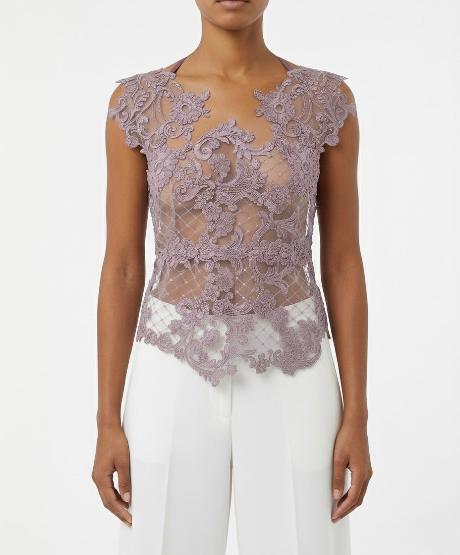 Top in pizzo ricamato con trasparenze floreali
