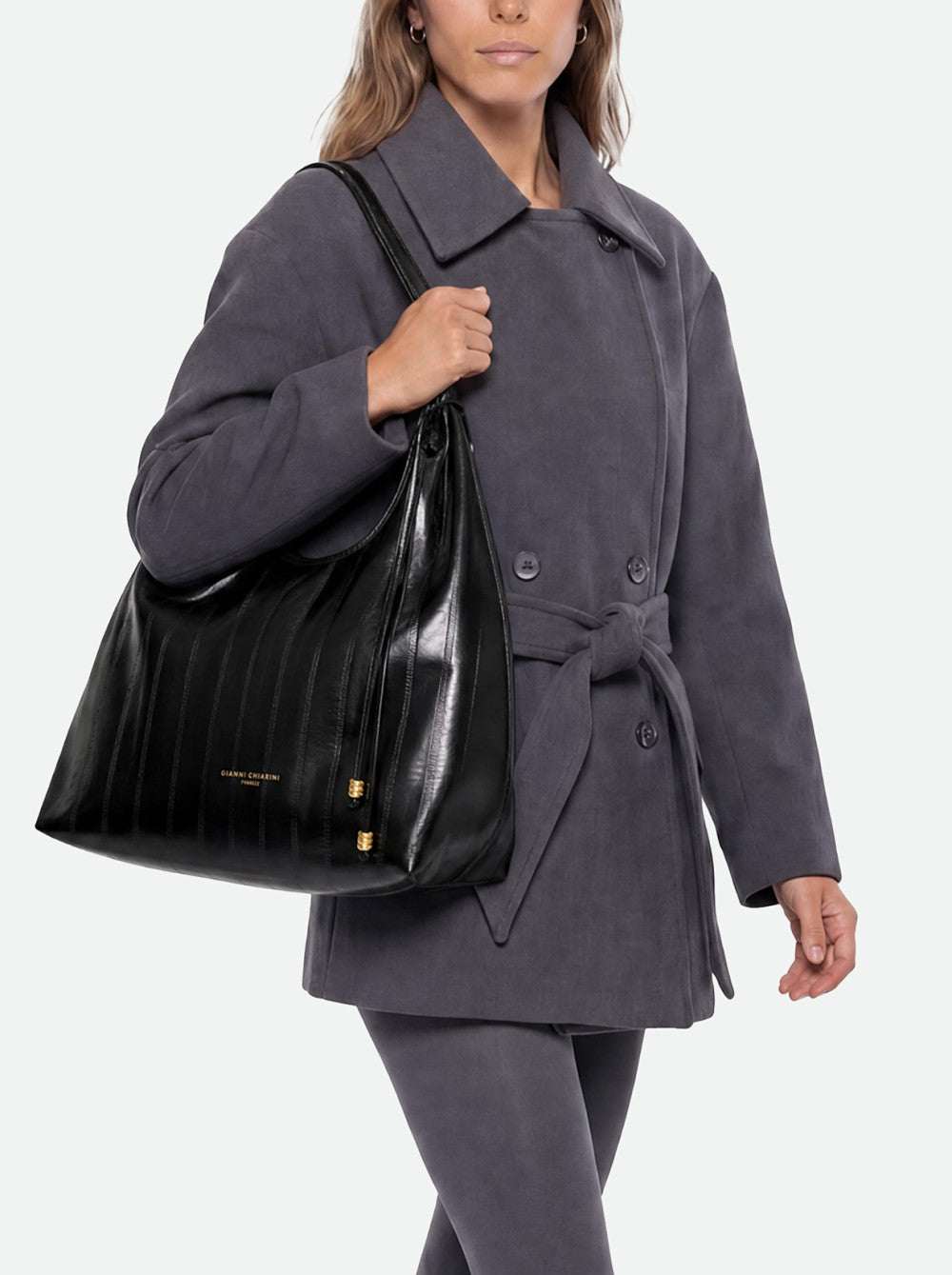 Borsa a Spalla Dua Gianni Chiarini in Pelle Anguilla Nera Grande