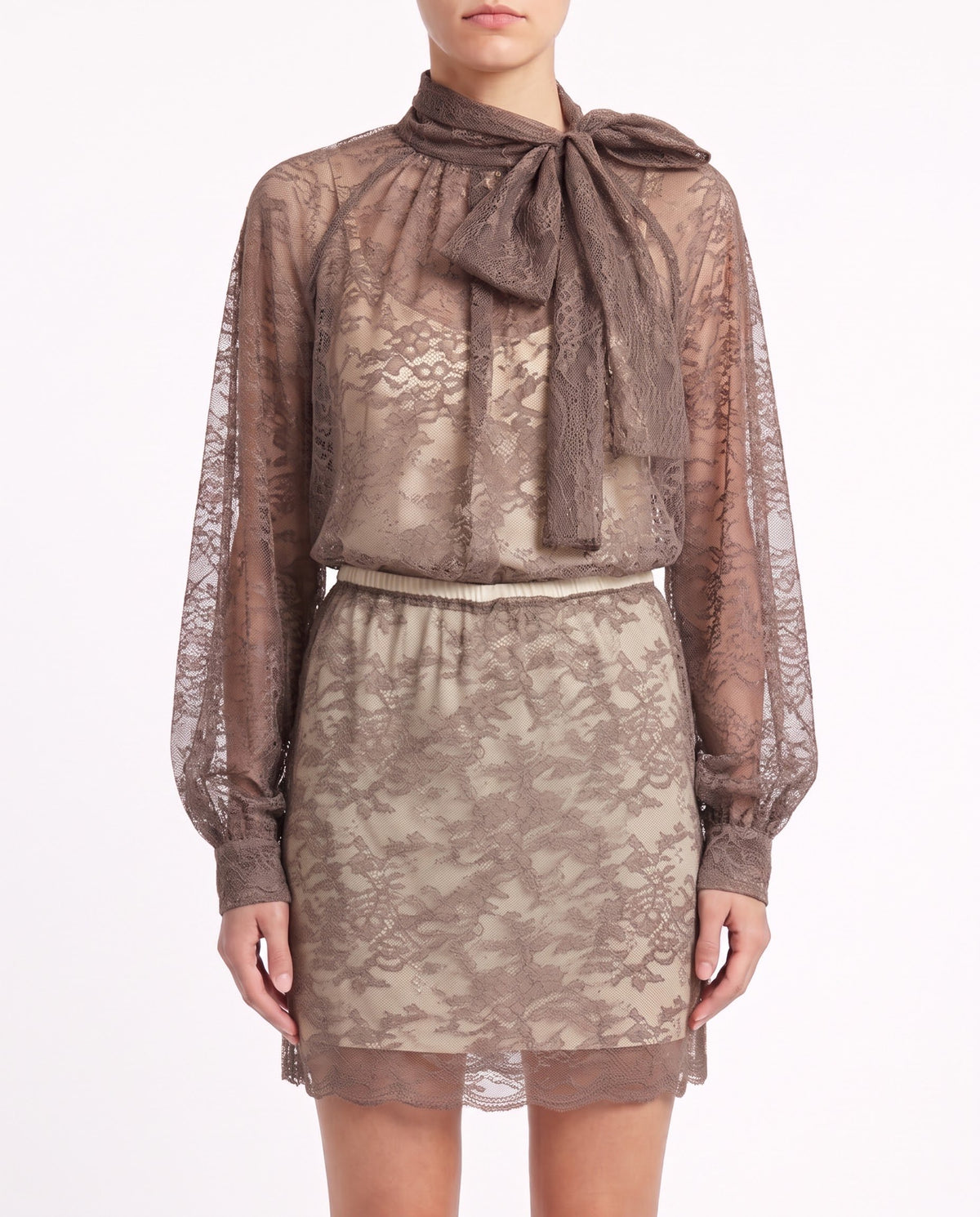 Camicia Isabelle Blanche Duna e Giallo Lime Chiaro con Fiocco al Collo