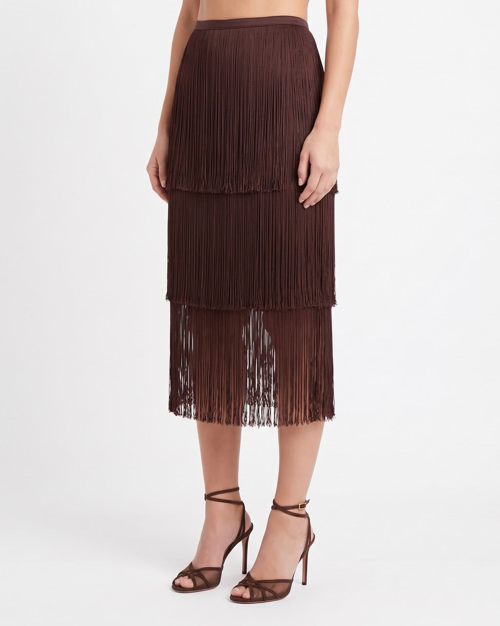 Gonna Midi Isabelle Blanche con Frange Marrone Java