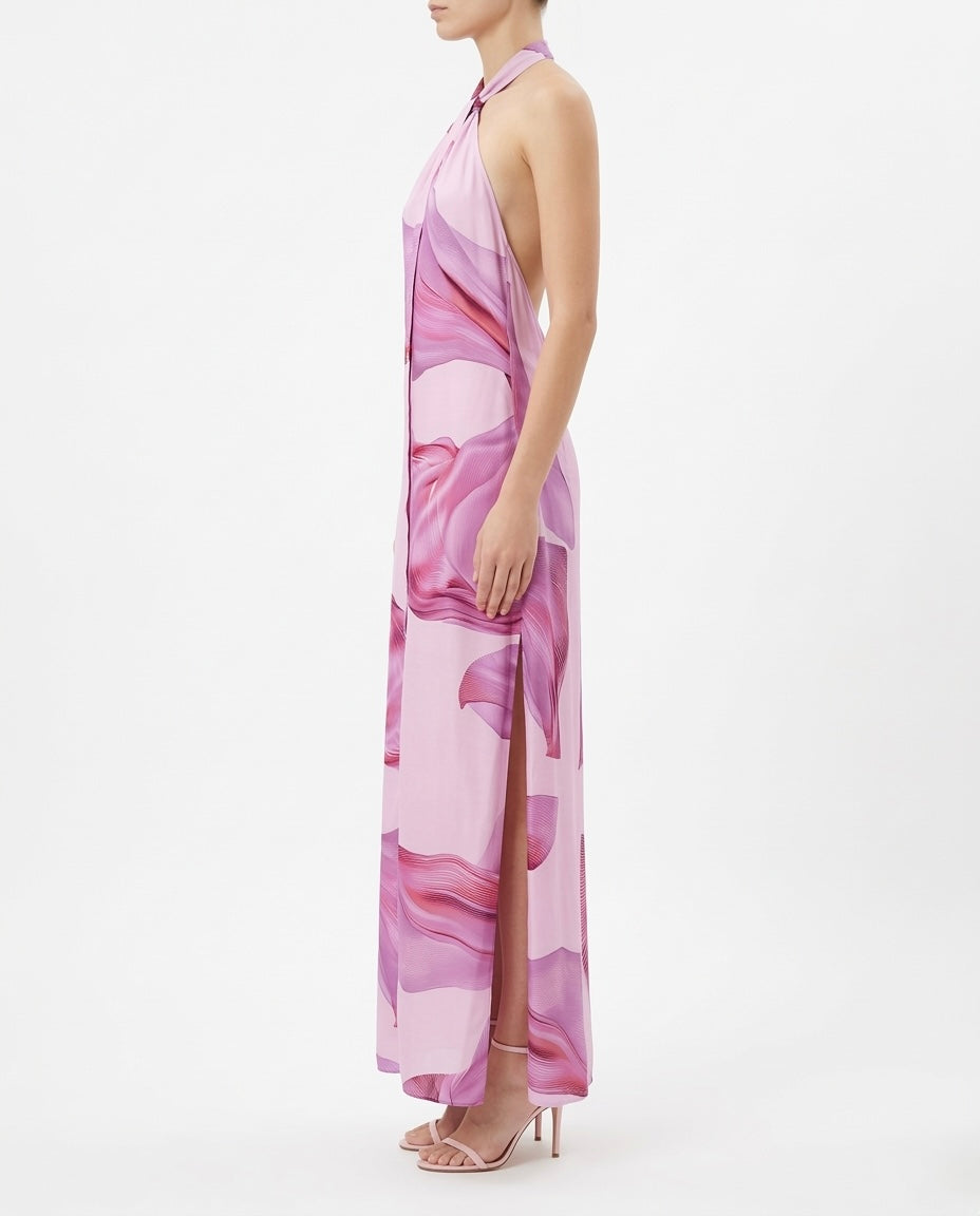 Abito lungo halter stampa rosa