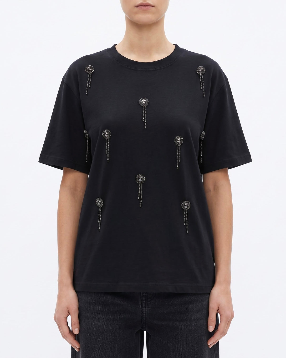 T-Shirt Isabelle Blanche a Manica Corta con Ricami Strass Ecrù e Nera
