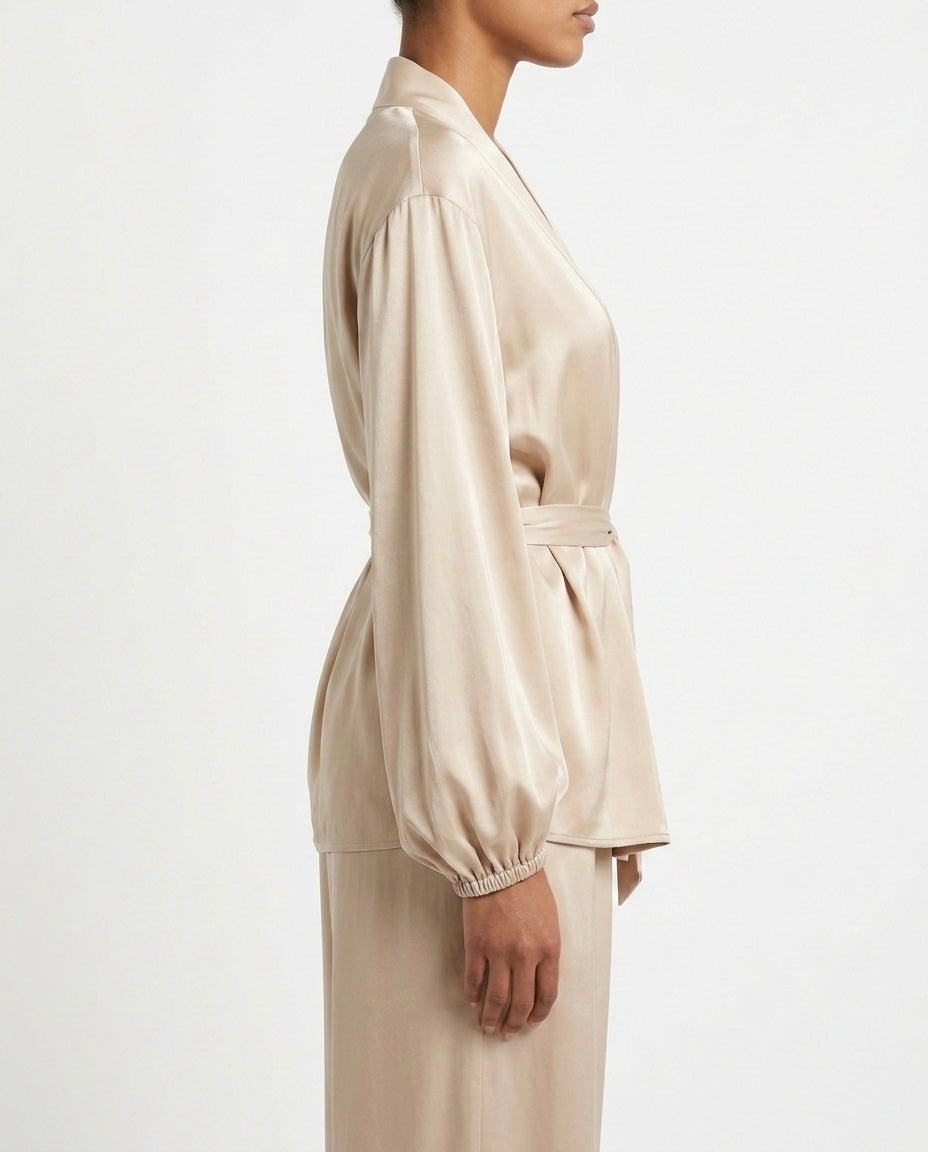 Blusa incrociata satin con cintura