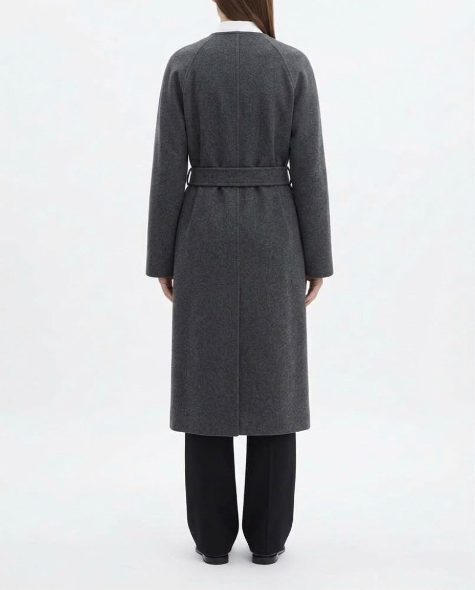 Cappotto Lungo Selected Femme Grigio Antracite in Misto Lana Riciclata con Cintura