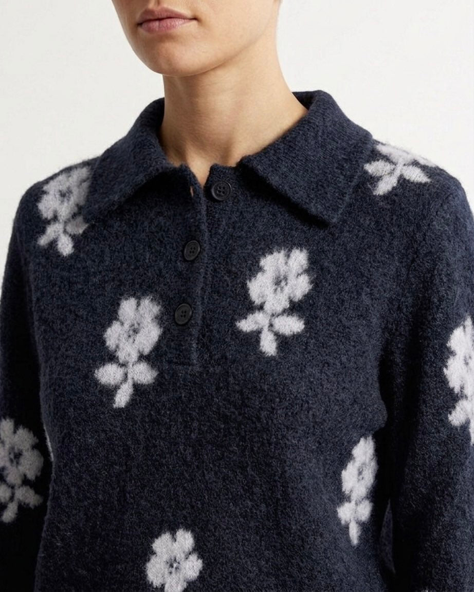 Polo in Maglia Isabelle Blanche Jacquard Floreale in Lana e Yak