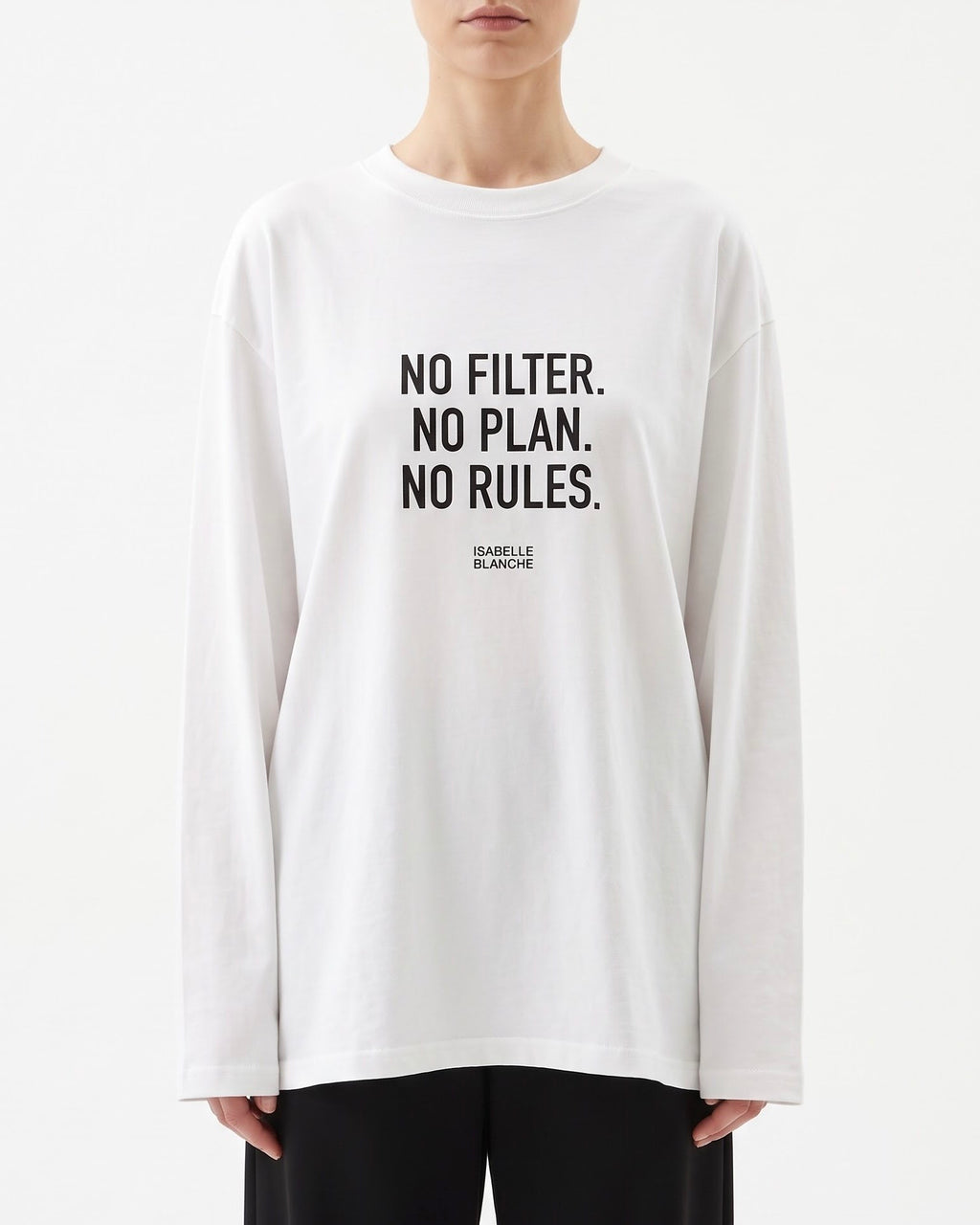 T-Shirt a Manica Lunga Isabelle Blanche con Stampa “No Filter, No Plan, No Rules” Ecrù e Nera
